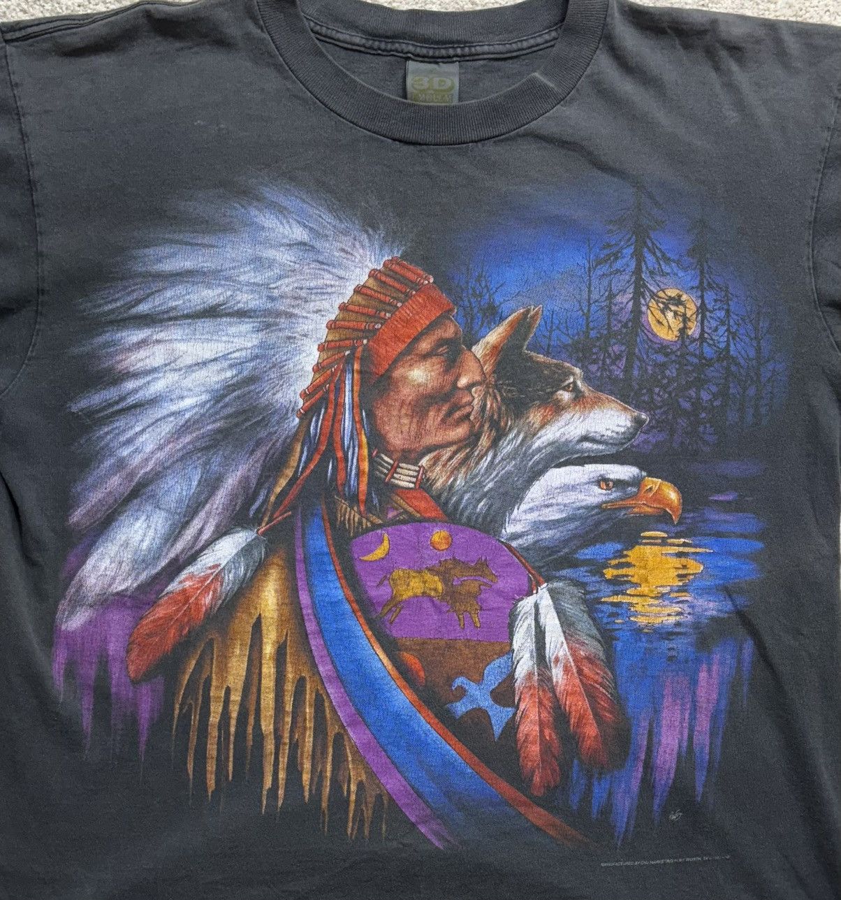 Vintage 1993 vtg 3D Emblem Native American Wolf Eagle Spirit T Shirt Size US XL / EU 56 / 4 - 2 Thumbnail