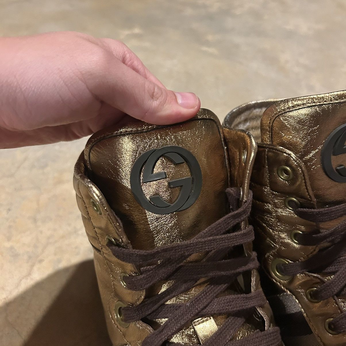 Designer × Gucci Gucci Nappa Silk Metallic Gold Web Stripe High Top Sneakers Size US 13 / EU 46 - 14 Thumbnail