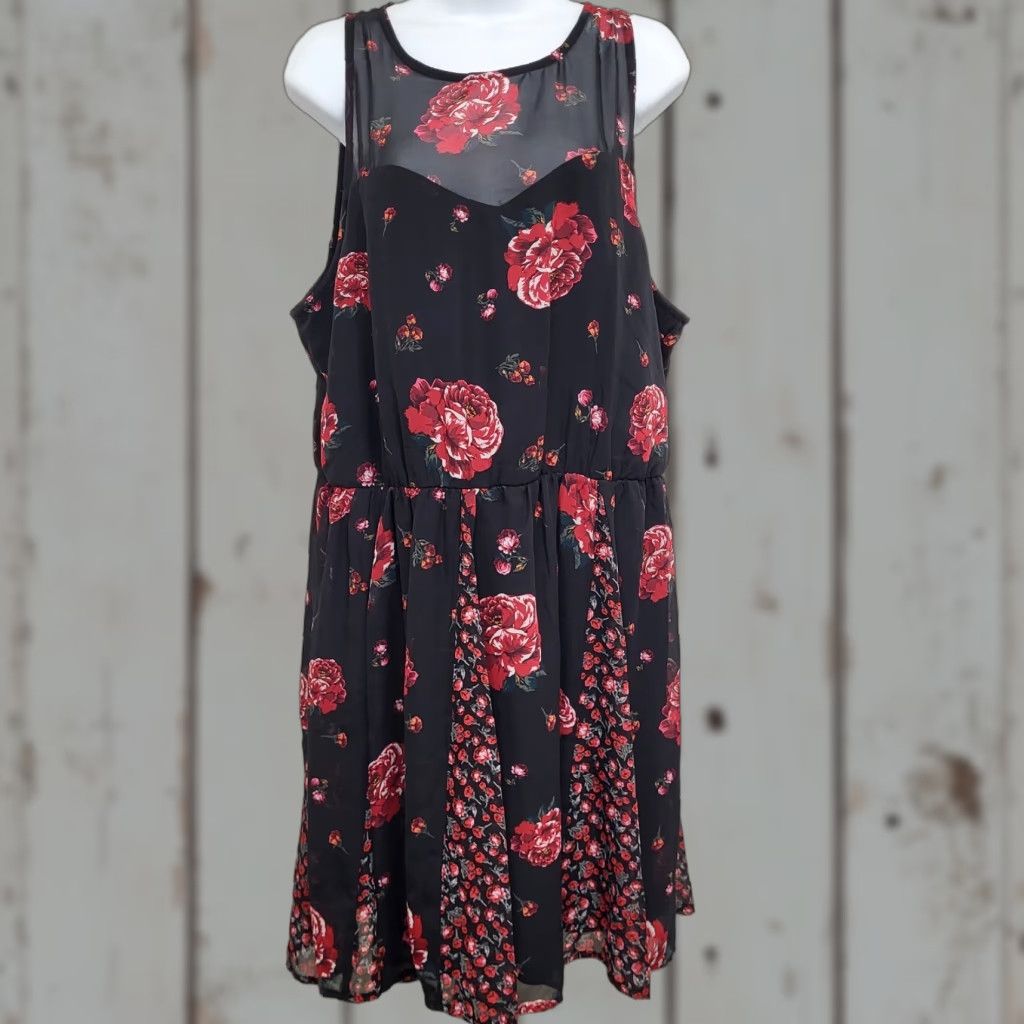 Vintage Xhilaration Dress Women's XL Black Floral A-Line Knee Length Sleeveless Size XL / US 12-14 / IT 48-50 - 1 Thumbnail