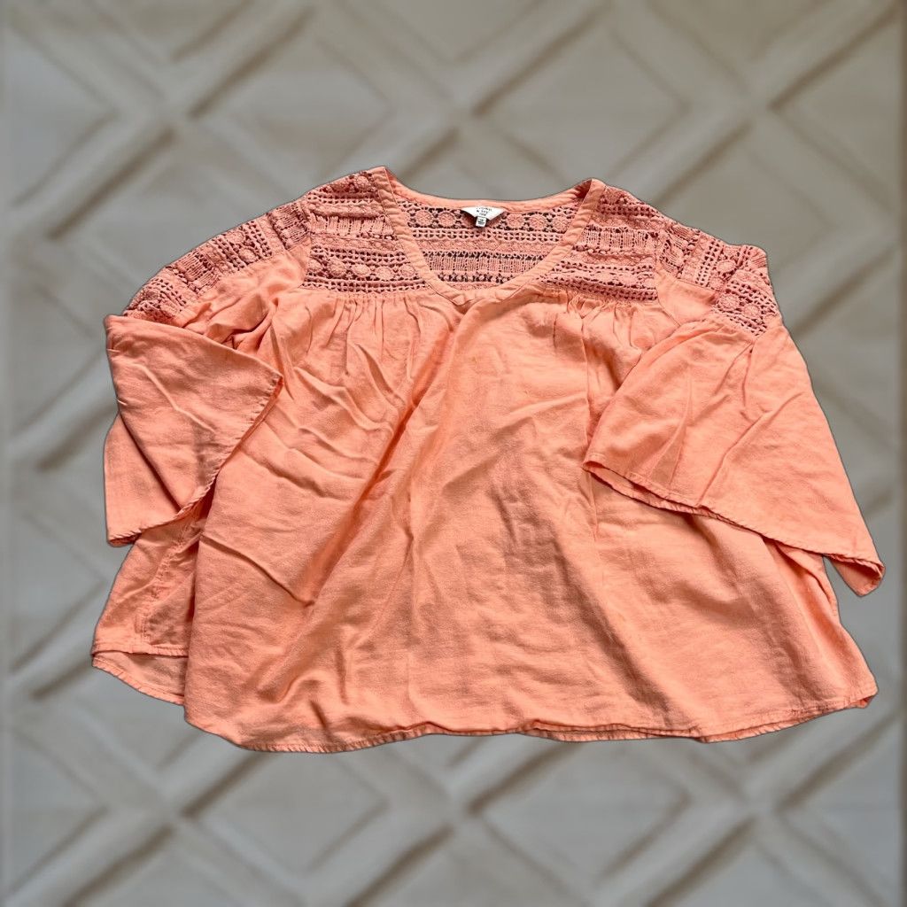 Vintage Crown & Ivy Blouse Womens XL Orange Crochet Bell Sleeve V-Neck Tunic Top Casual Womens Size XL / US 12-14 / IT 48-50 - 1 Thumbnail