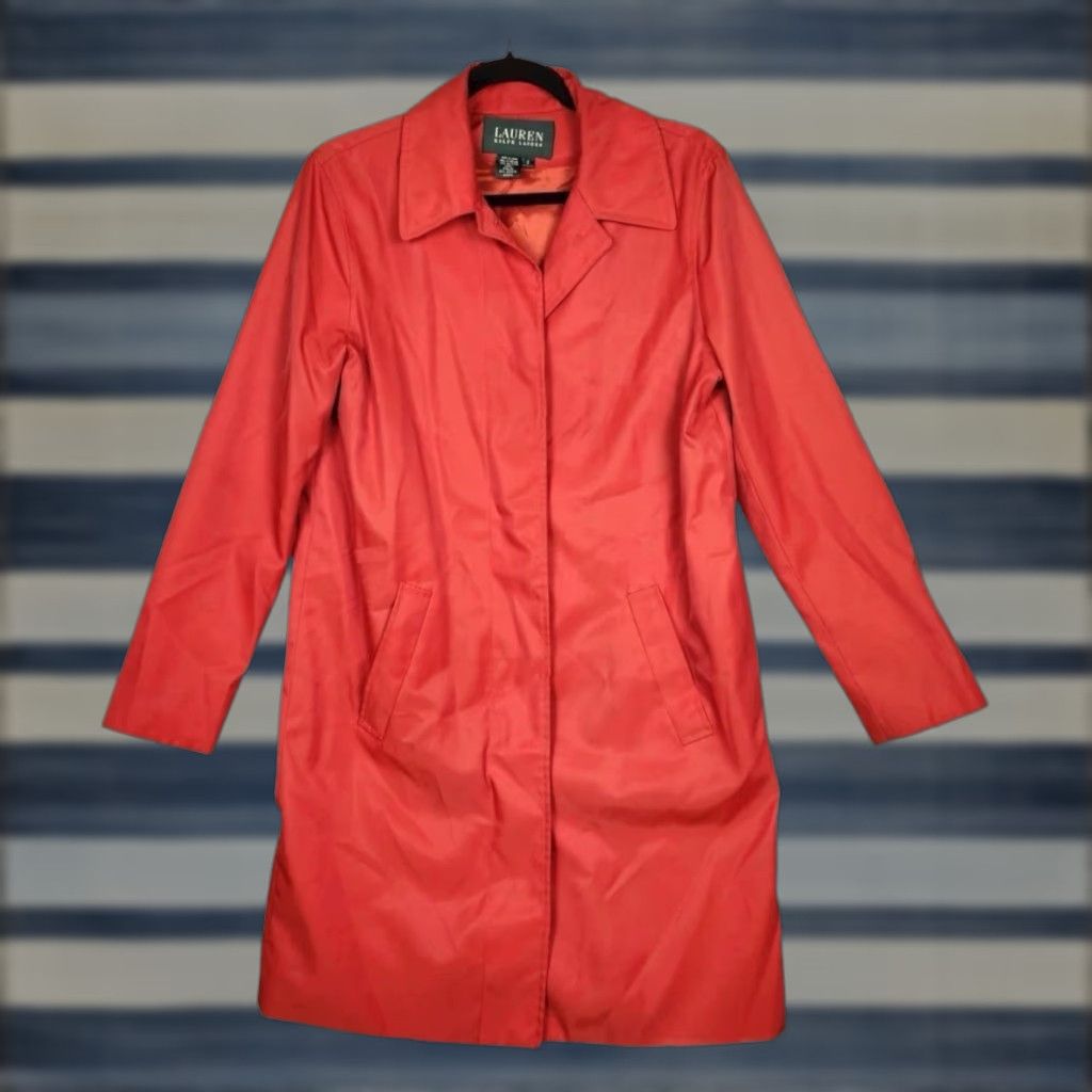 Ralph Lauren Lauren by Ralph Lauren Women M Red Trench Coat Button Closure Solid Long Lightweight Pockets Polyester Size M / US 6-8 / IT 42-44 - 1 Thumbnail