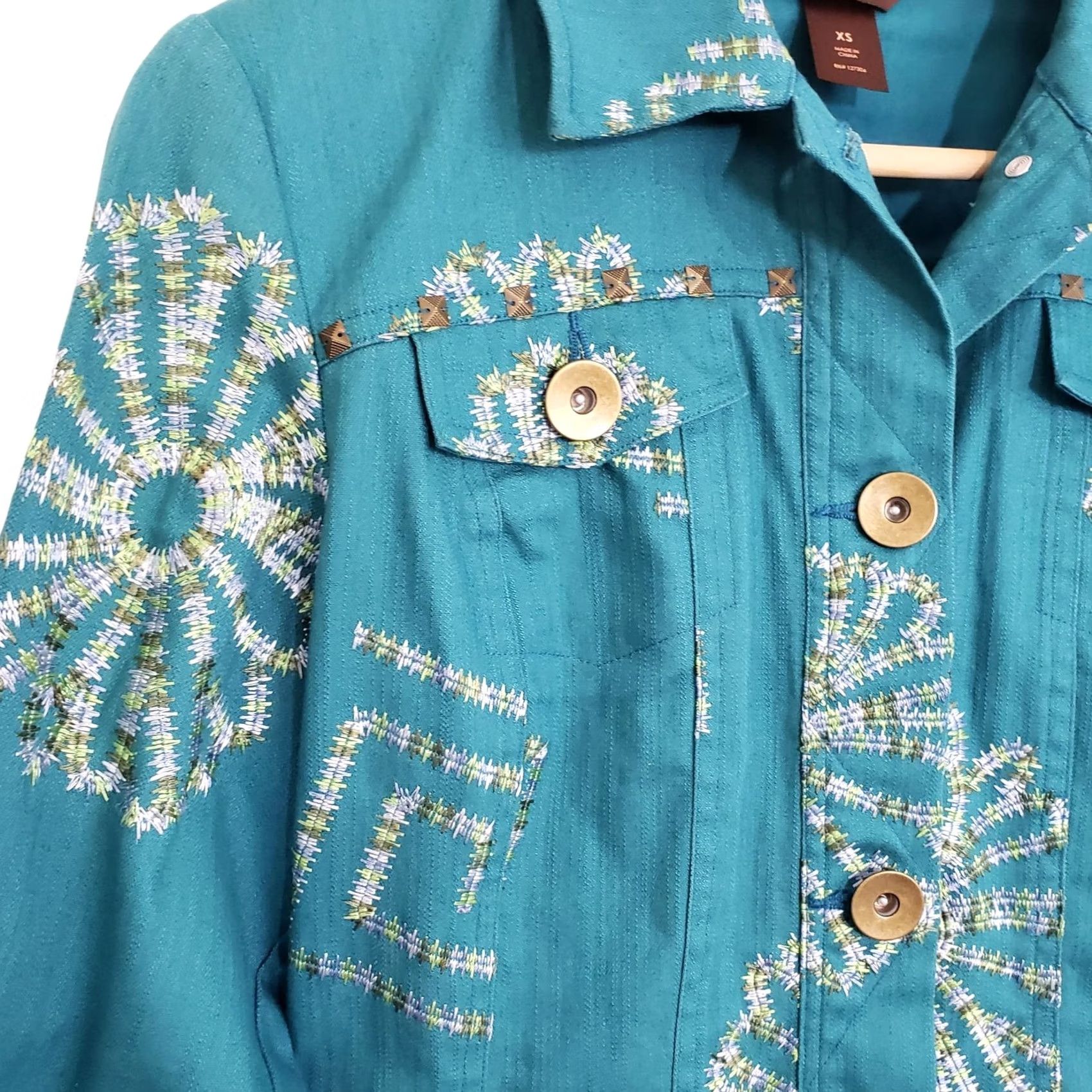 Vintage Multiples Embroidered Denim Jacket XS Turquoise Blue Size XS / US 0-2 / IT 36-38 - 6 Thumbnail