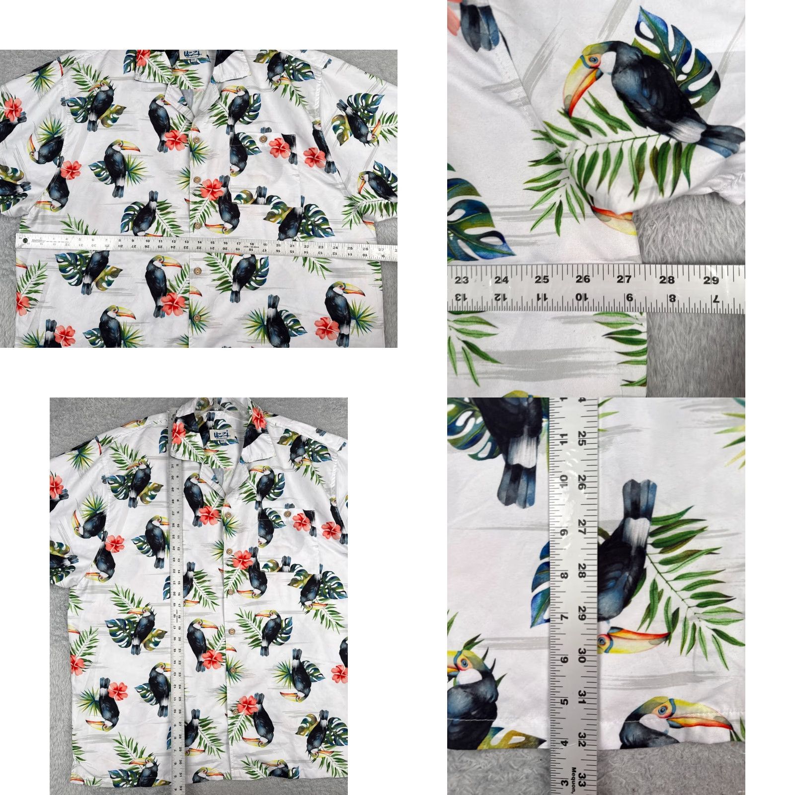 FUZZI Uzzi Shirt Men Hawaiian Floral Toucan White 2XL 100% Polyester Pocket Aloha Resort Vacation Size US XXL / EU 58 / 5 - 8 Thumbnail