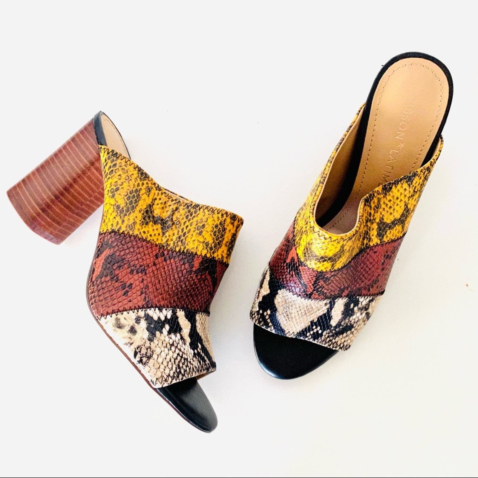image of Nordstrom Gibson Latimer White Snakeskin Colorblock Wedge Heel Shoesed Mules Shoes in Brown, Women'