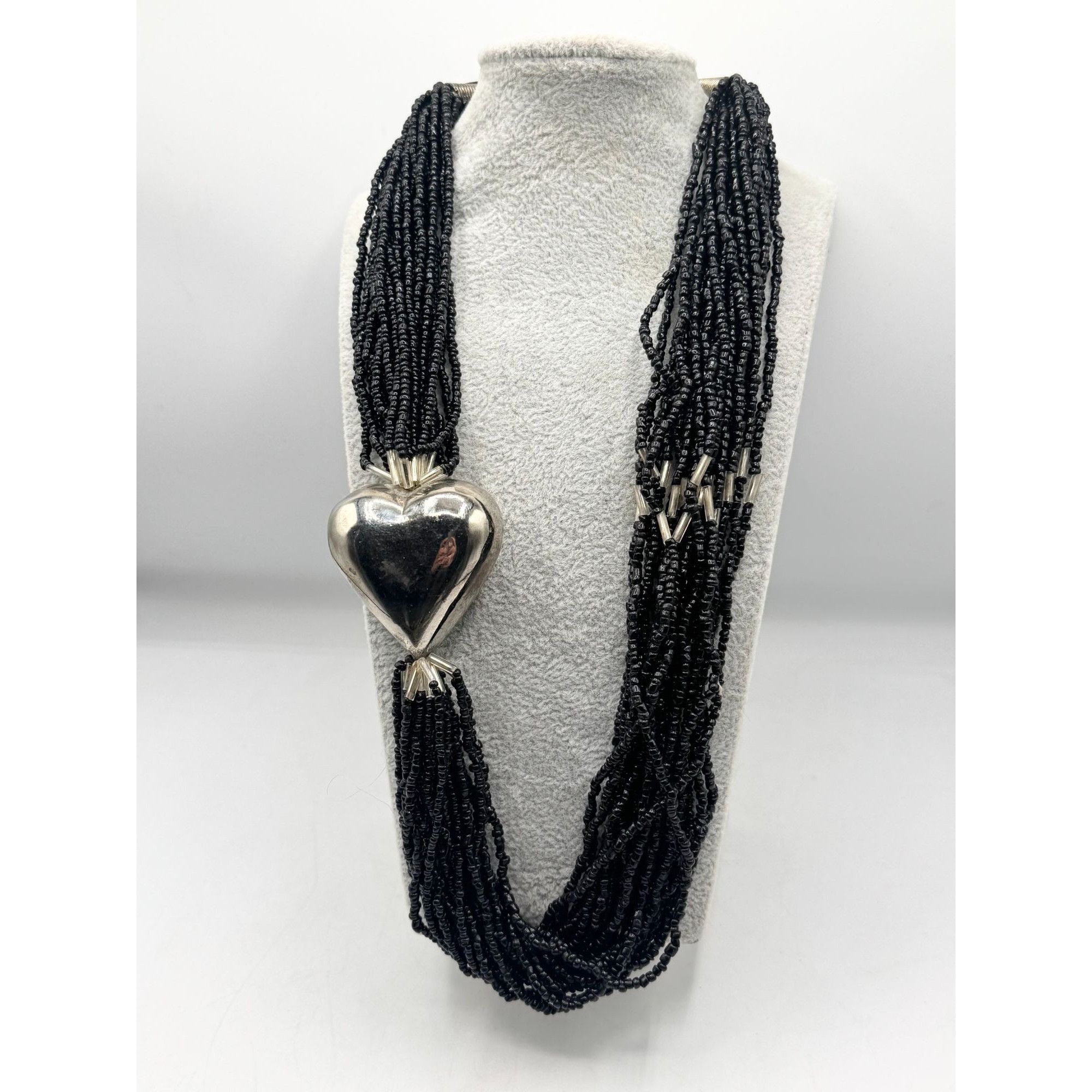 Vintage Made in India Silver Puffy Heart Multi Strand beaded Necklac Size ONE SIZE - 2 Thumbnail