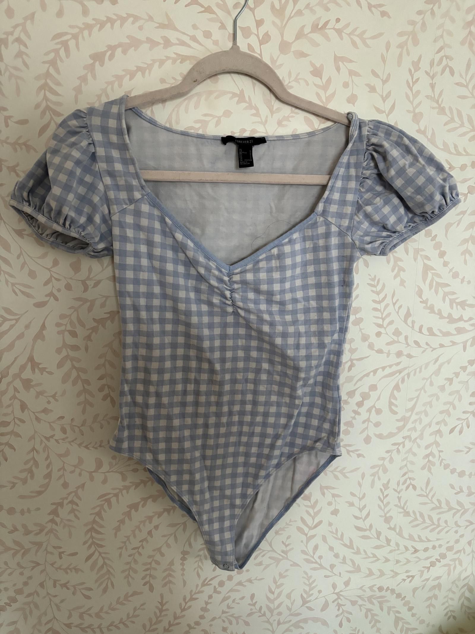 Forever 21 NWOT Dorothy Inspired Blue Gingham Bodysuit w Puff Sleeves Size L / US 10 / IT 46 - 1 Thumbnail