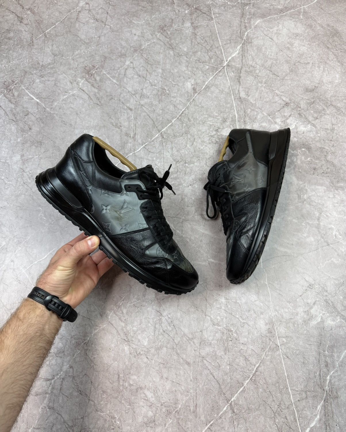 Louis Vuitton Louis Vuitton Run Away Sneaker Black Monogram Leather LV 10 Size US 11 / EU 44 - 1 Thumbnail
