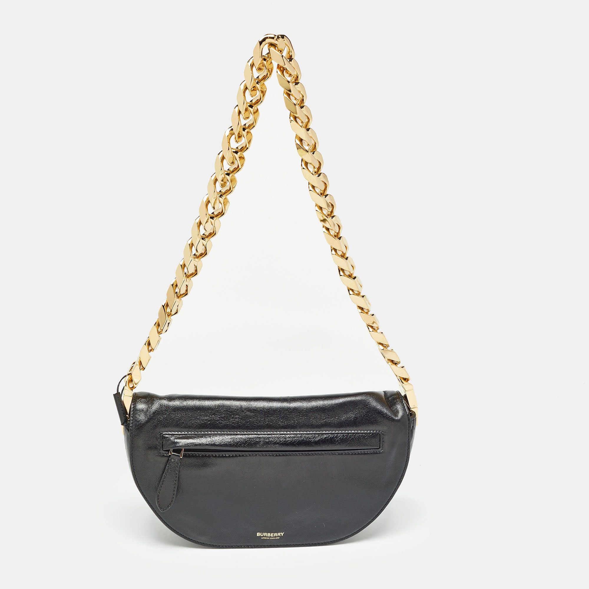 image of Burberry Black Soft Leather Small Olympia Chain Shoulder Bag, Women's