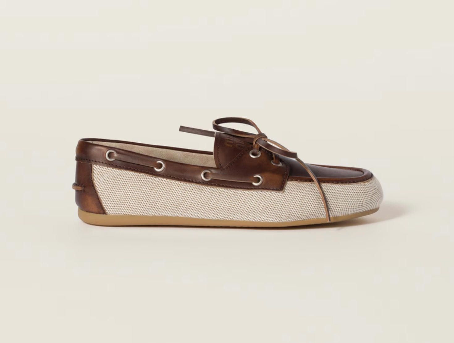 Miu Miu canvas and bleached leather boat shoes size 36.5