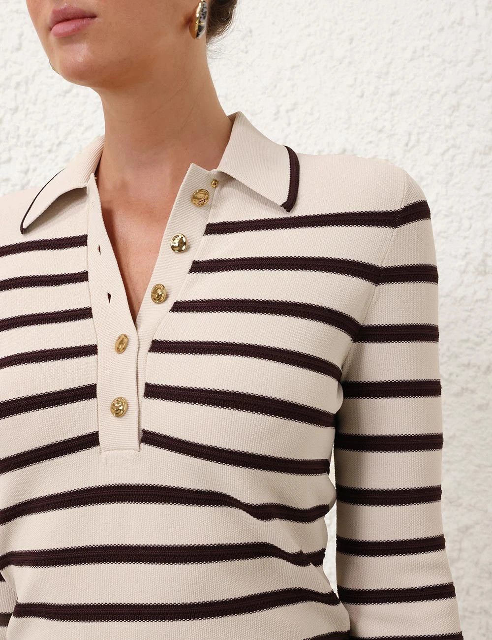 Zimmermann oc11z0226 Illuminate Stripe Polo Shirt In Cream/Chocolate Size L / US 10 / IT 46 - 4 Thumbnail