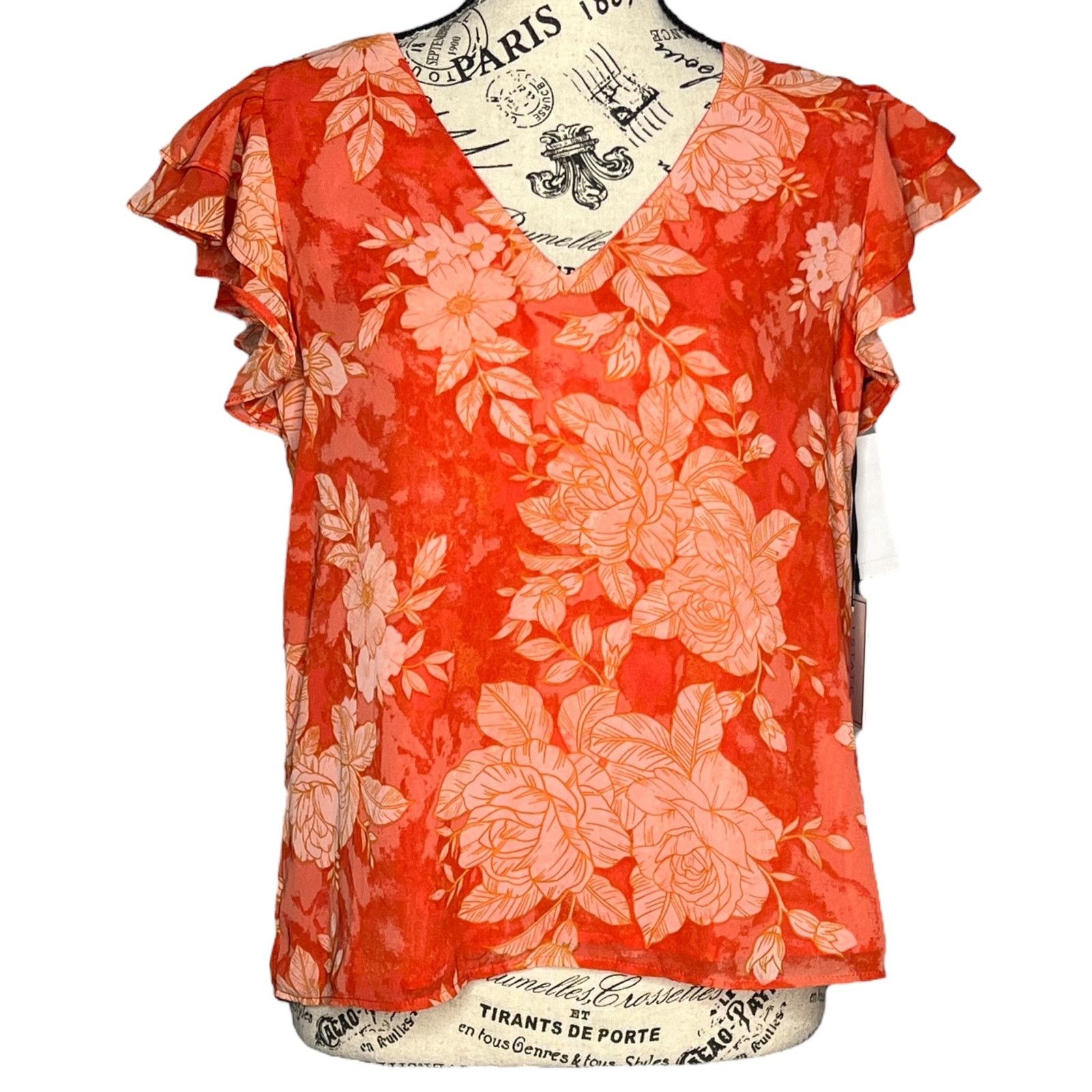 Other Floral Ruffle Short Sleeve V-Neck Fully Lined Chiffon Blouse Size S / US 4 / IT 40 - 1 Thumbnail