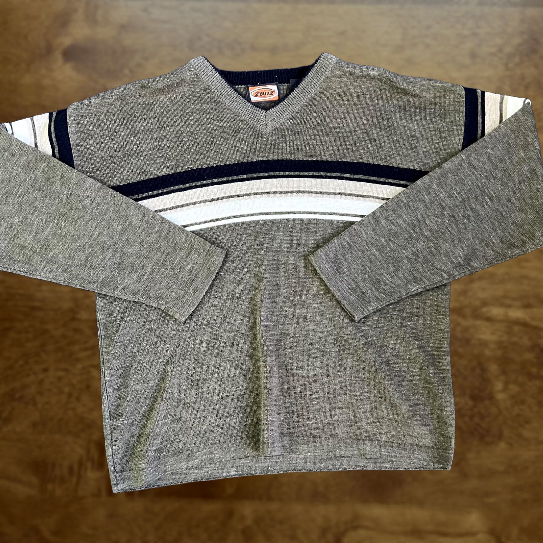 Vintage VINTAGE Zonz Sweater Mens XL Gray Stripe V-Neck Pullover 100% Acrylic Ribbed Knit Striped Mens XL Gray Navy Cream Tan Light Blue Size US XL / EU 56 / 4 - 1 Thumbnail