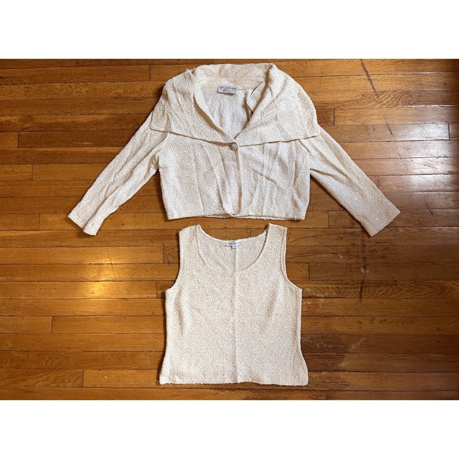 St. John St John Evening 2 Piece Sweater Tank Top Set Women's S Ivory Textured Sequins Size S / US 4 / IT 40 - 2 Thumbnail