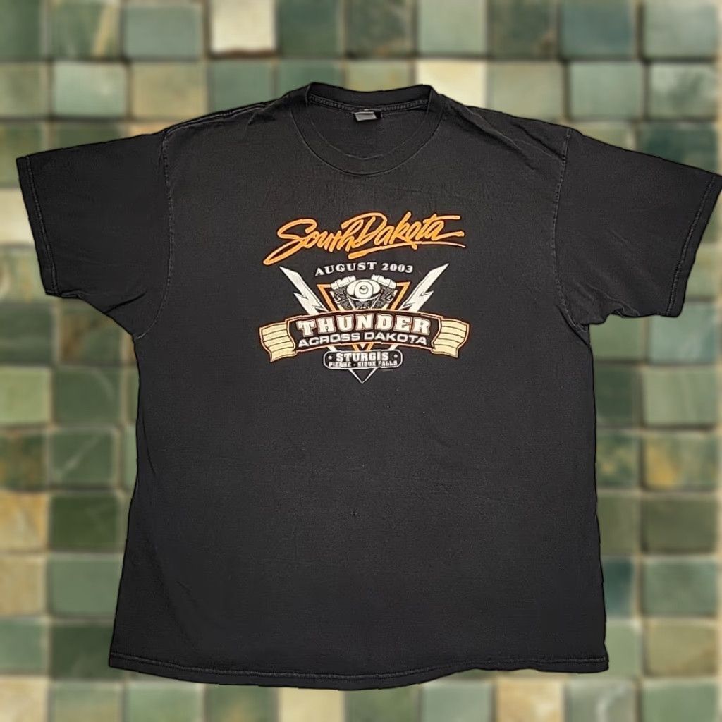 Harley Davidson VTG Harley-Davidson Shirt Mens 3XL Black Sturgis Thunder Dakota Made In The USA T-Shirt Graphic Print Crew Neck Short Sleeve Cotton Jersey Size US XXL / EU 58 / 5 - 1 Thumbnail