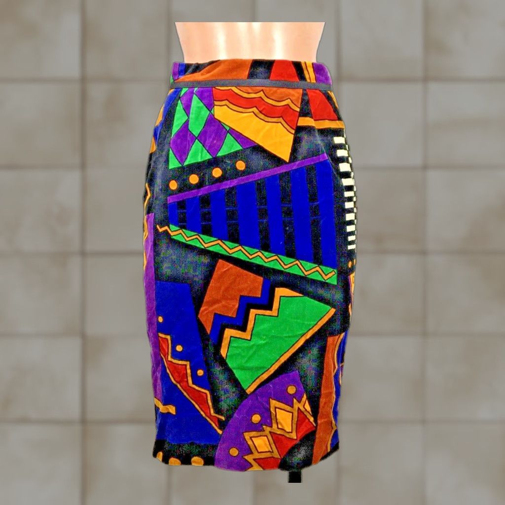 Vintage Multicolor Velvet Striped Pencil Skirt XS Women 70s 80s