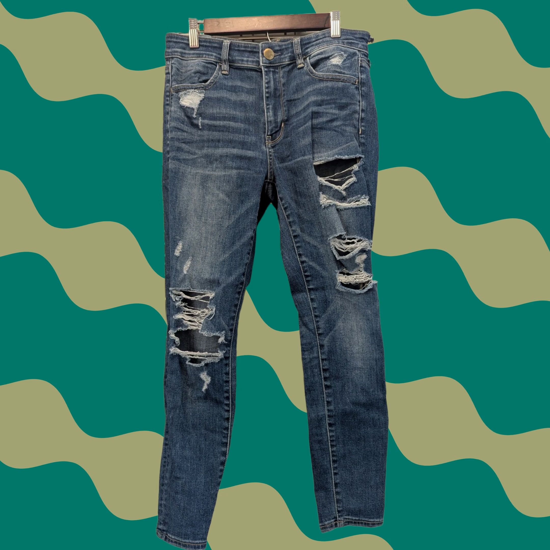 American Eagle Outfitters American Eagle Hi Rise Jeggings Womens 8 Short Distressed Denim Skinny Jeans Blue Slim Stretch 5-Pocket Lifted Rise Jeans Mens Womens Girls Size 30" / US 8 / IT 44 - 1 Thumbnail