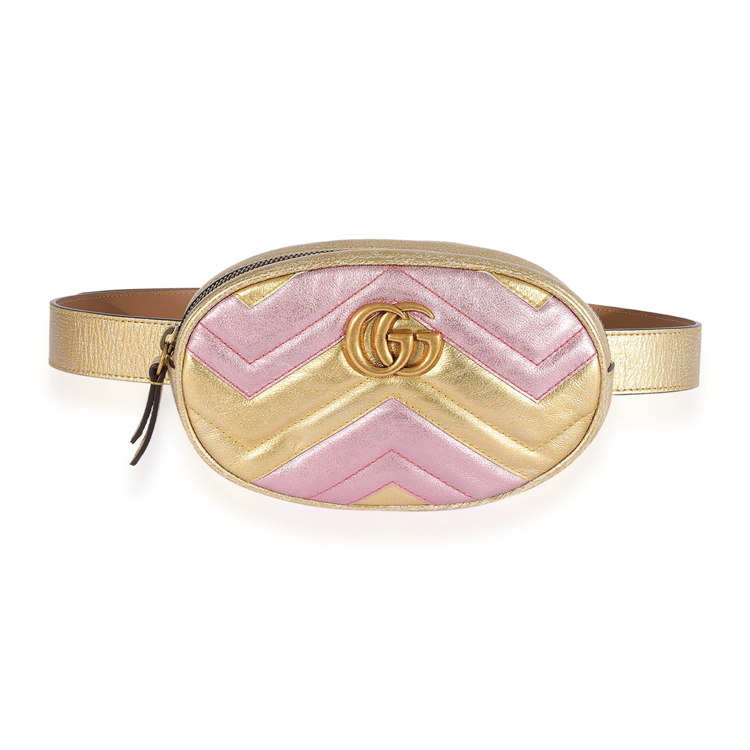 Gucci Metallic Gold & Pink Matelassé Marmont Belt Bag