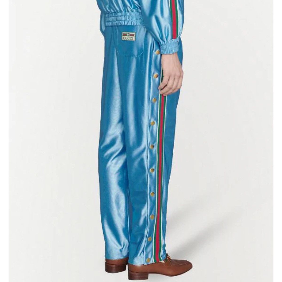 image of Gucci Web Shiny Jersey Pants in Blue, Men's (Size 40)