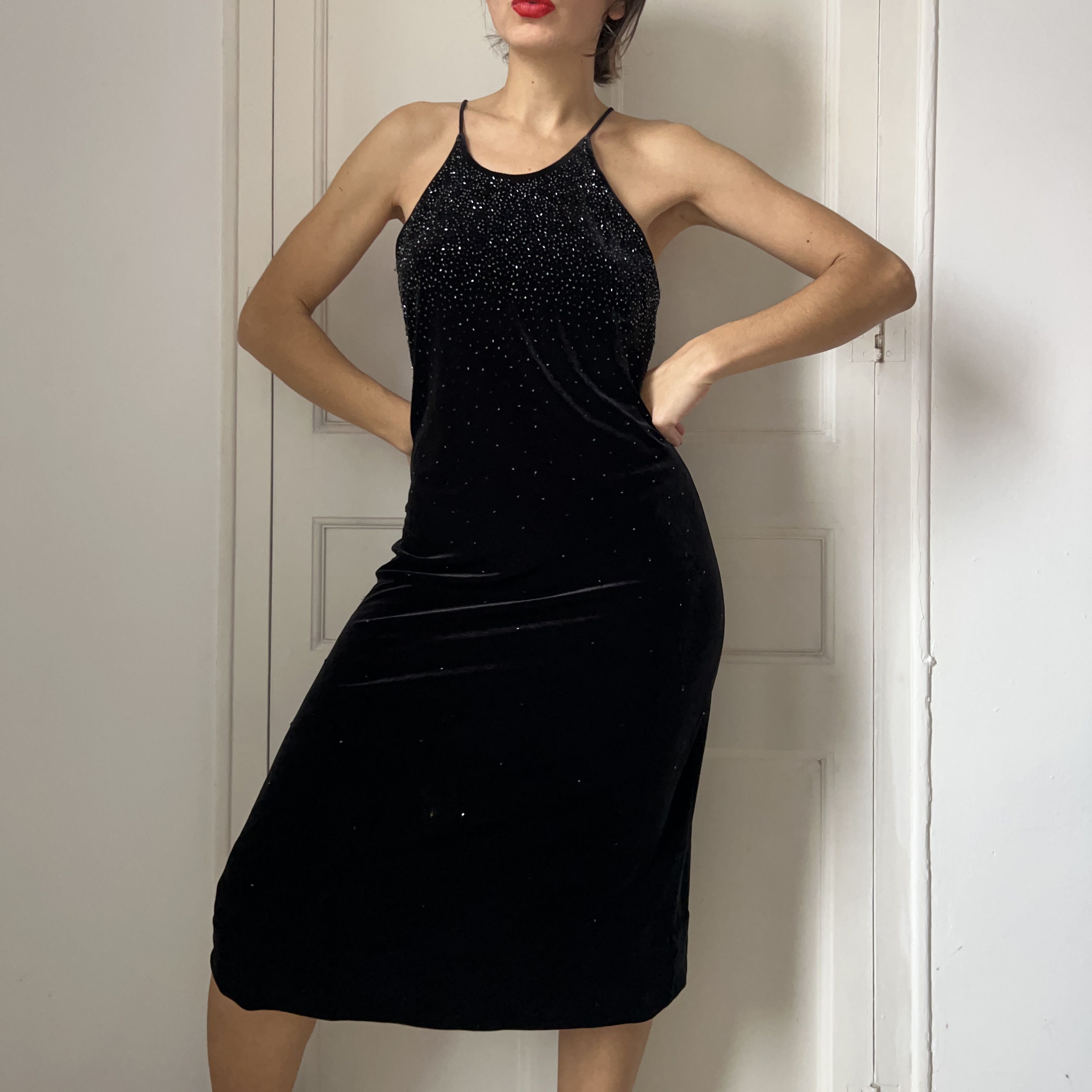 Vintage Vintage 90s Black Velvet Halter Dress Size L / US 10 / IT 46 - 7 Thumbnail