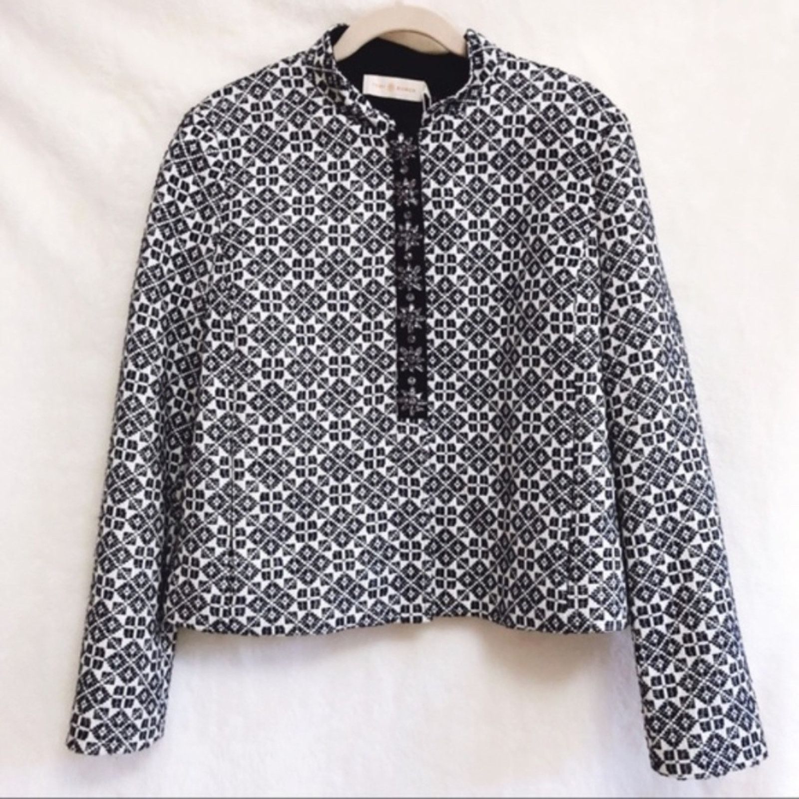 image of Tory Burch Navy Pattern Texture Burlap Jacket in Blue, Women's (Size Large)