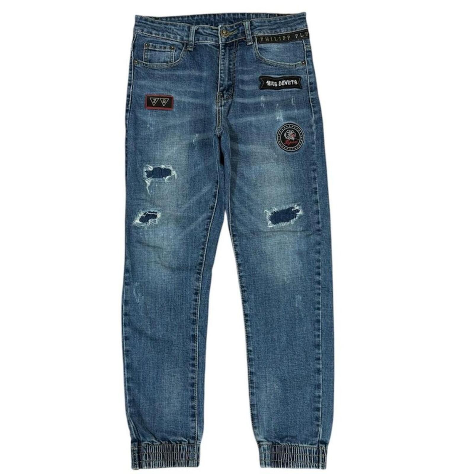 True Religion Philipp Plein blue jeans with patches with stretchable hem Size 30" / US 8 / IT 44 - 1 Thumbnail