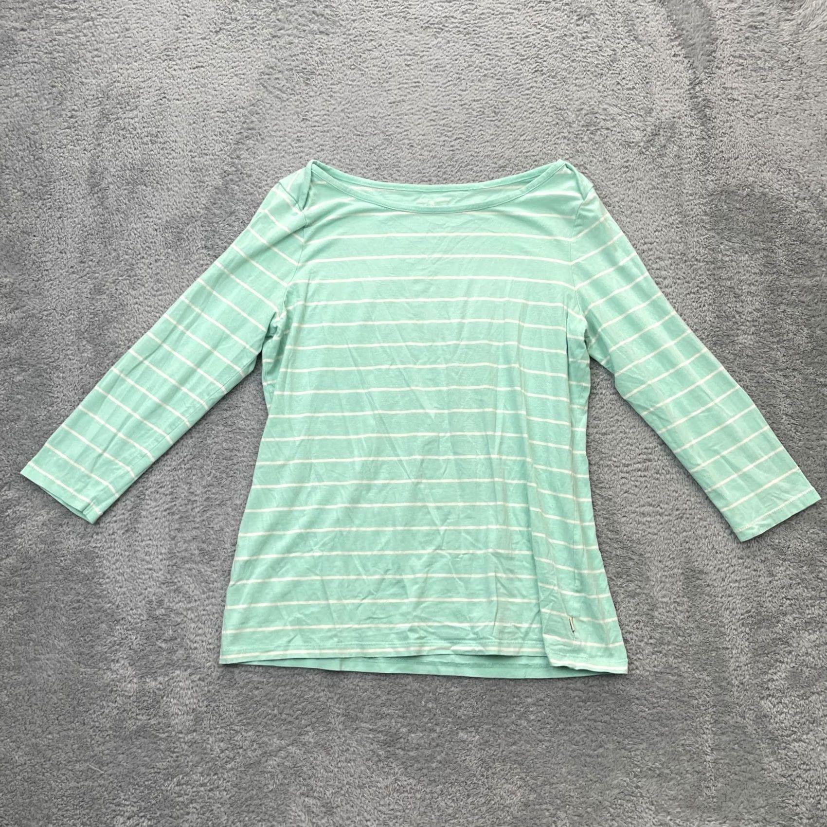 Vintage LL Bean Shirt Womens Medium Green Striped Stretch Three Quarter Sleeve Boat Neck Size M / US 6-8 / IT 42-44 - 2 Thumbnail