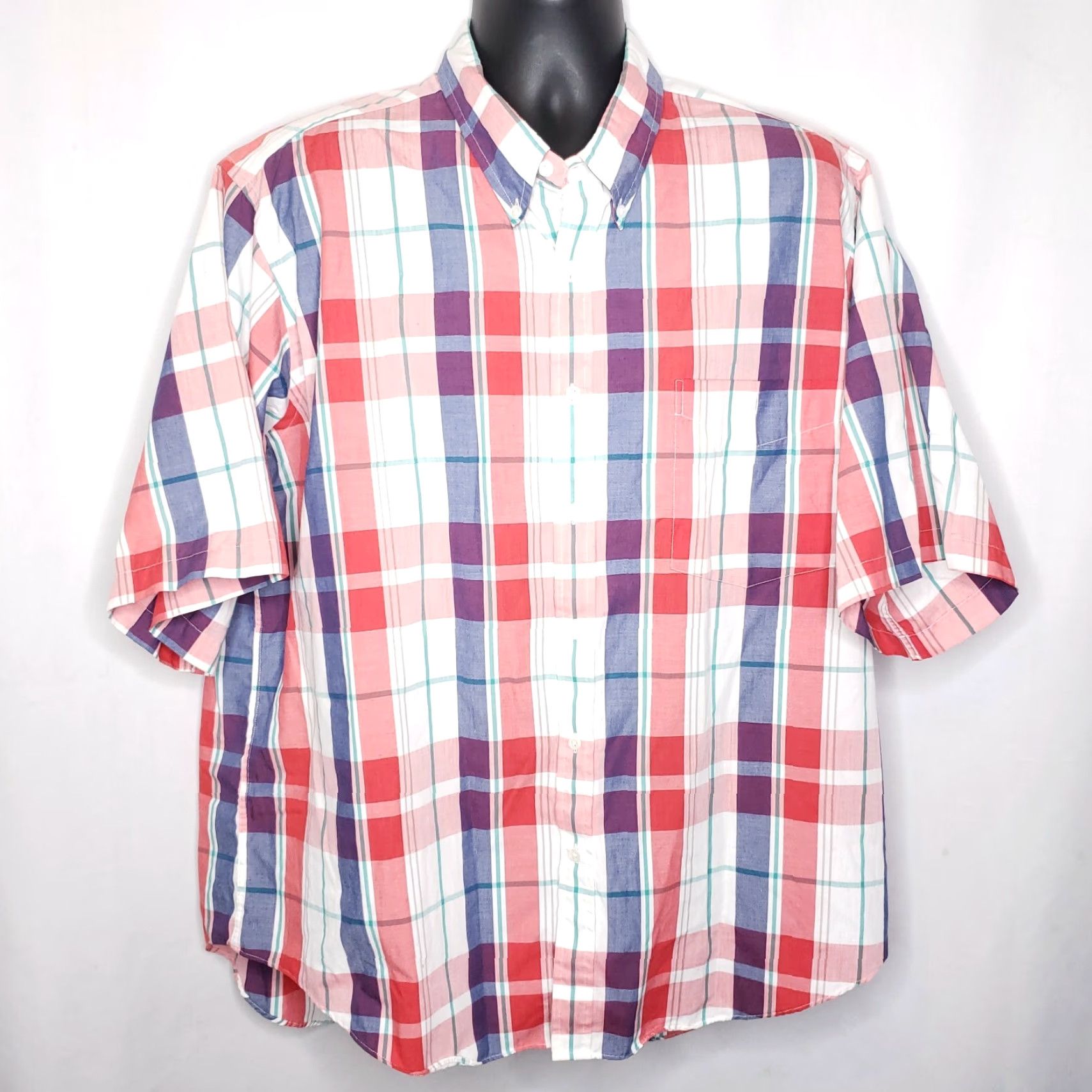 Needles VINTAGE St Stephen Collection 1X Big & Tall Button-Up Plaid Short Sleeve Red White Blue Tailoring Shirt Mens Size ONE SIZE - 2 Thumbnail