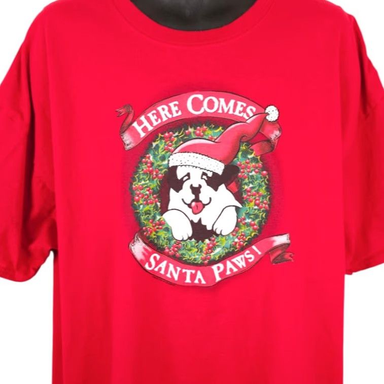 Hanes VINTAGE Hanes T-Shirt Mens 3XL Red Christmas Santa Paws St Bernard Big Dog Y2K Size US XXL / EU 58 / 5 - 2 Thumbnail