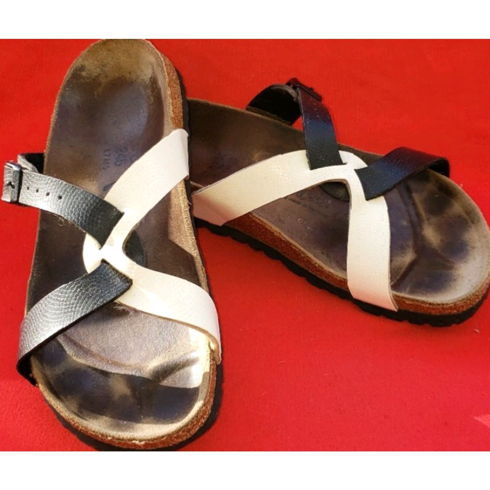Vintage Berki's Slide Footbed Strappy Sandals Women's 7M Black White Crossover Straps Buckle Corkbed Insole Adjustable Footbed Casual Size US 8 / IT 38 - 4 Thumbnail