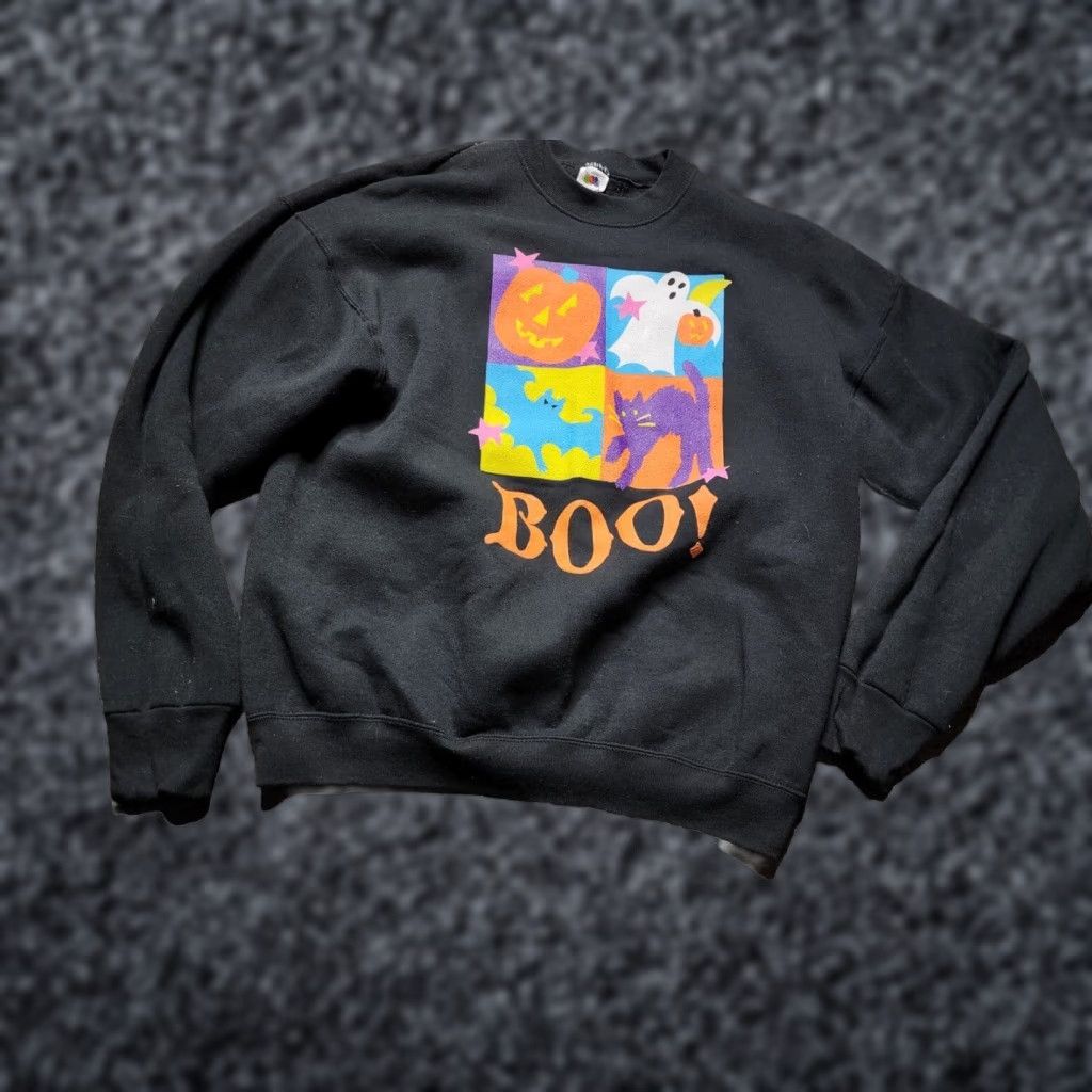 Fruit Of The Loom VINTAGE Boo Halloween Neon Sweatshirt Mens XL Black 90s Halloween Pullover Crew Neck Cotton Polyester Fleece Fruit of the Loom Sweatshirt Size US XL / EU 56 / 4 - 1 Thumbnail