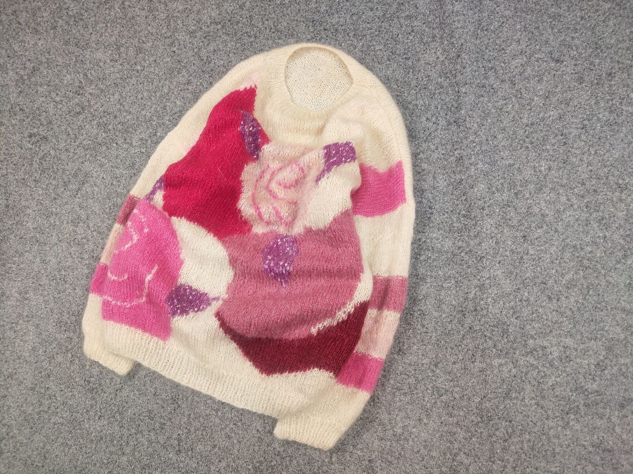 Japanese Brand Vintage 80's Hand knitted Design Mohair Pink Beige Sweater Size XL / US 12-14 / IT 48-50 - 3 Thumbnail