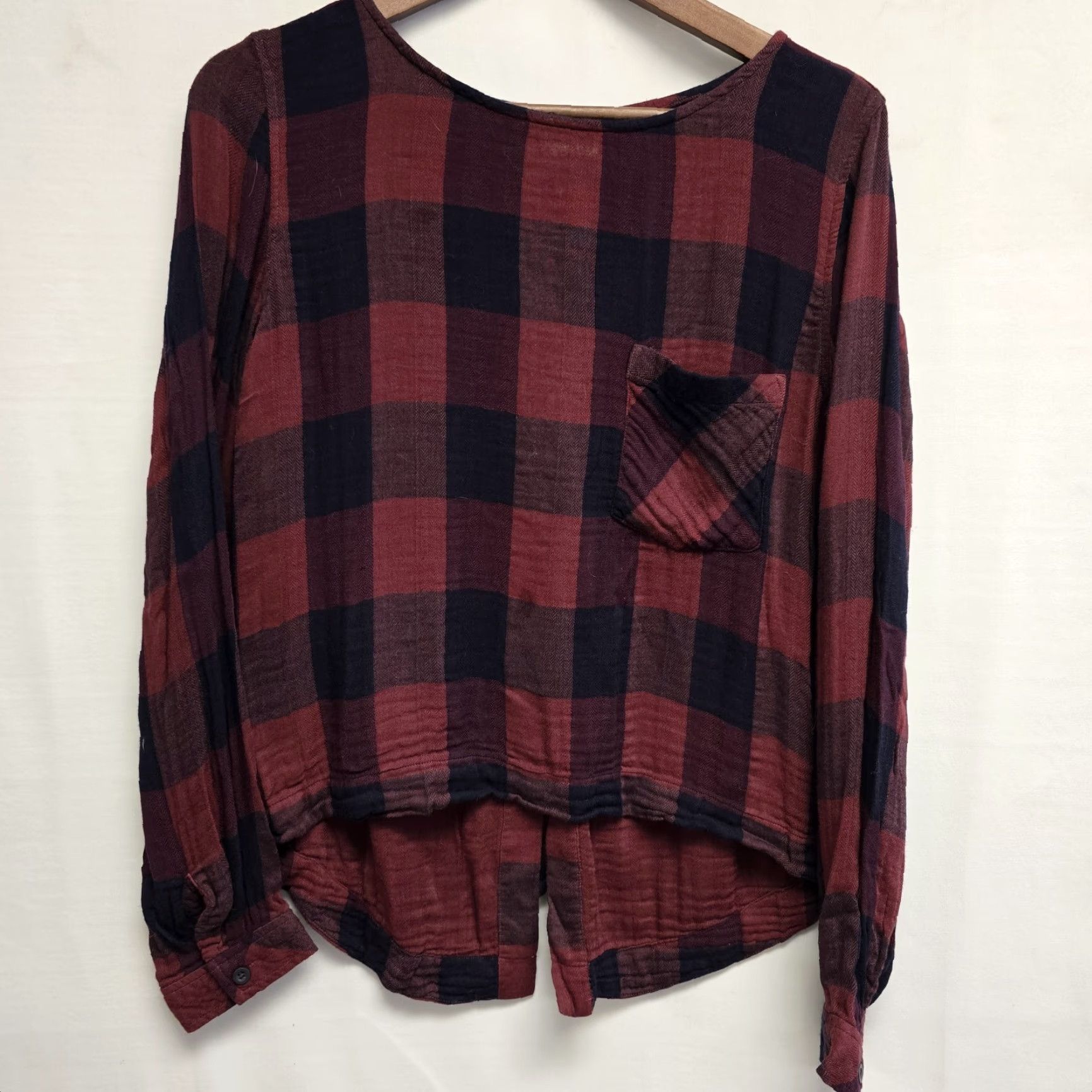 CLOT Cloth & Stone Blouse Shirt Plaid Lace Back Front Pocket Maroon Black Size Small Cotton Blend Lace-Up Round Neck Long Sleeve Regular Fit Womens Size S / US 4 / IT 40 - 2 Thumbnail