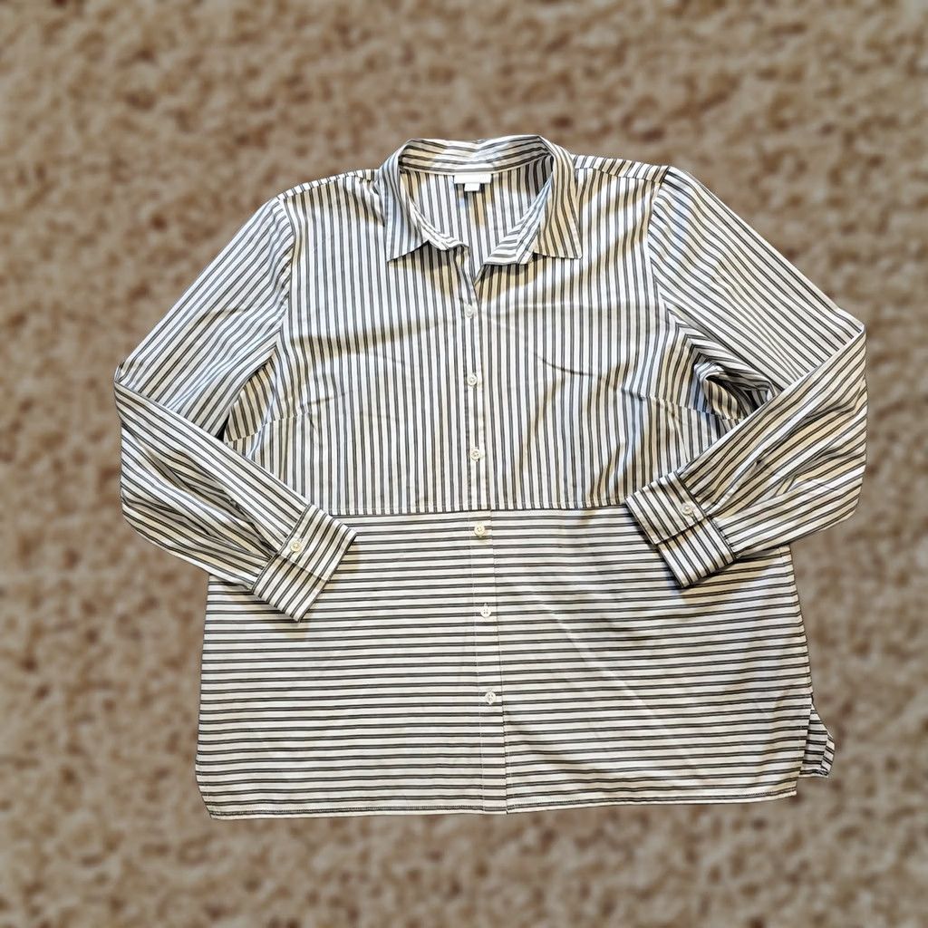 J. Jill J Jill Top Womens XL White Gray Striped Button-Up Long Sleeve Career Casual Shirt Size XL / US 12-14 / IT 48-50 - 1 Thumbnail