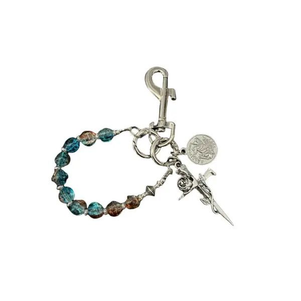 Jewelry Silver Beaded Keychain with Rose and Dagger Charms Size ONE SIZE - 5 Thumbnail
