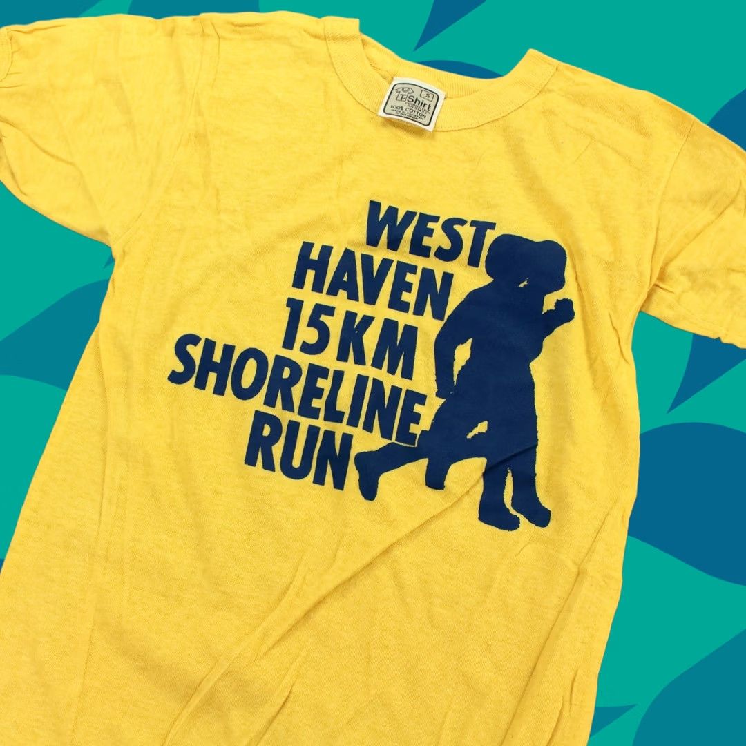 Vintage vtg 80s single stitch t-shirt MEDIUM west haven connecticut shoreline 15k run Shirt Adult M Yellow vintage Cotton Crew Neck Short Sleeve Graphic Print Size US M / EU 48-50 / 2 - 1 Thumbnail