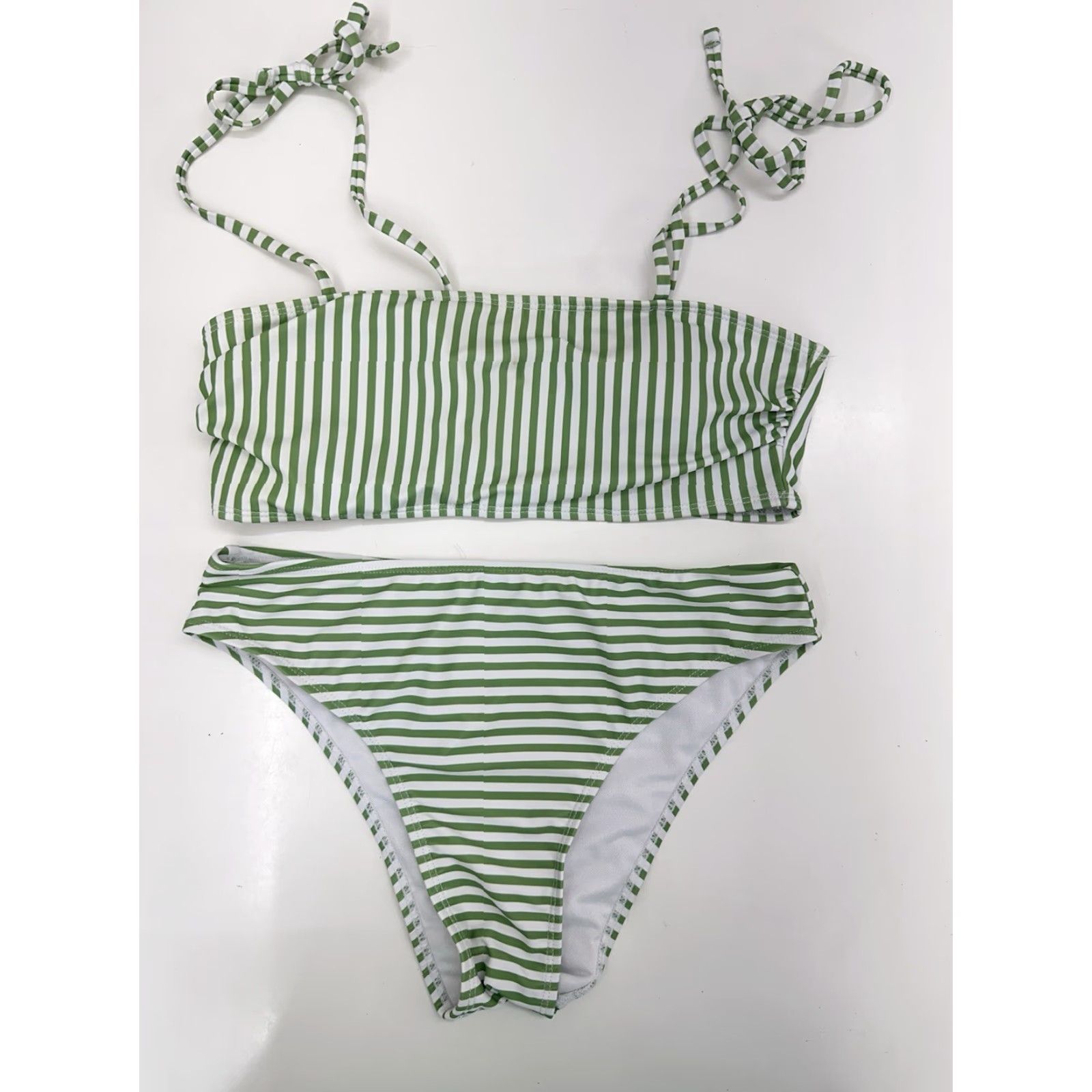 Shein Shein Womens Bikini Two Piece Green White Striped Padded M Swimwear Beach Stripes Adjustable Bandeau Adult Womens Size ONE SIZE - 2 Thumbnail