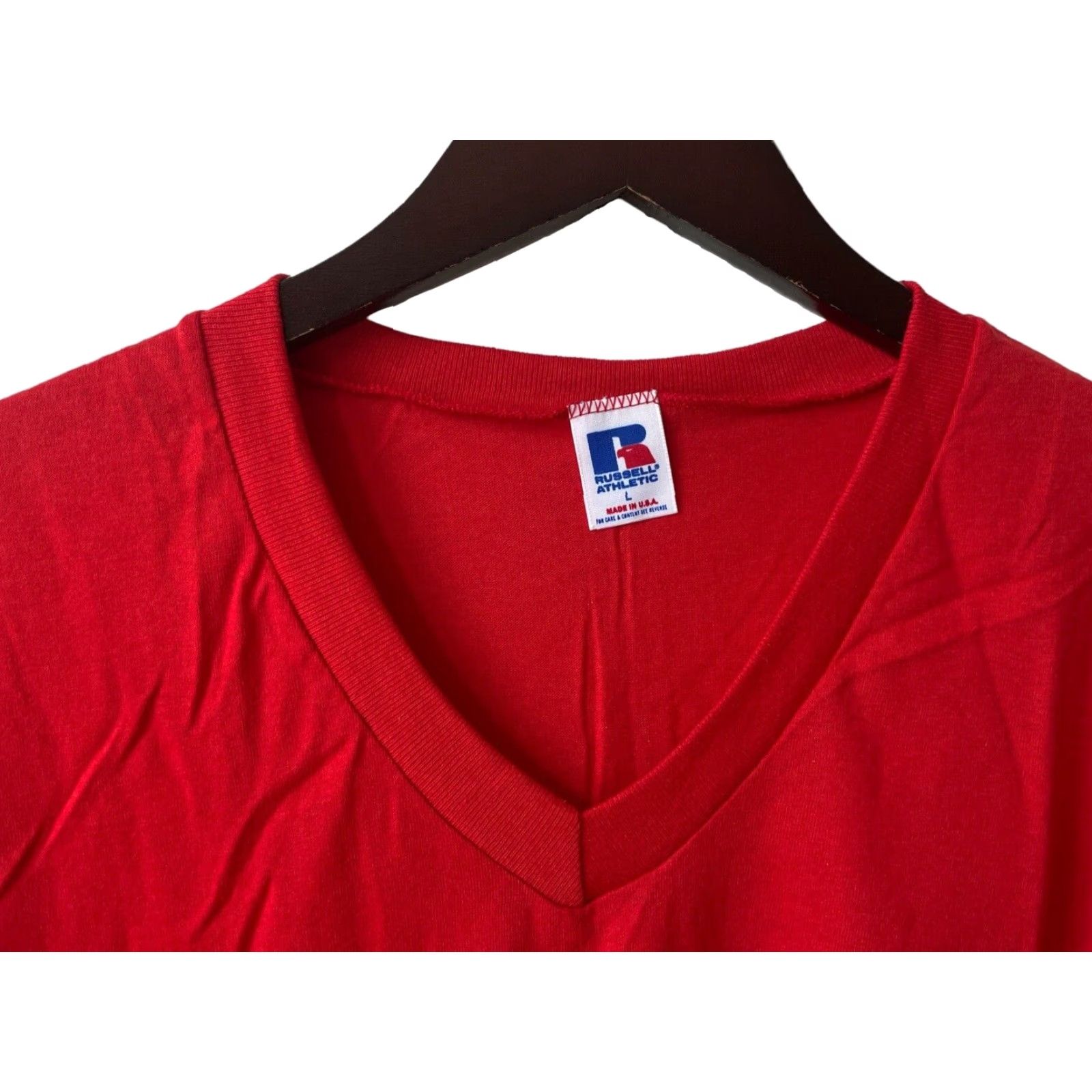 Russell Athletic VINTAGE Russell Athletic V-Neck T-Shirt Mens Large Deadstock NWOT 90s NOS Red Cotton Blend Short Sleeve 1990s Adult Mens Size US L / EU 52-54 / 3 - 2 Thumbnail