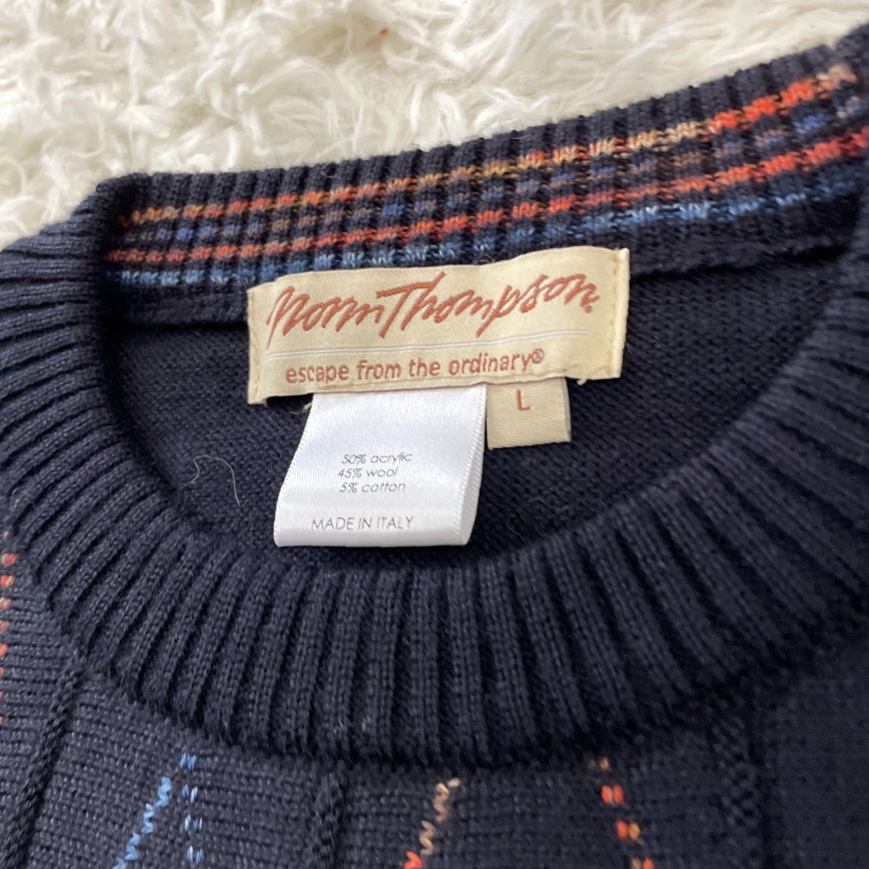 Jim Thompson NORM THOMPSON Wool Italian Sweater Men L Navy Blue Orange Retro Geometric Knit Pullover Crew Neck Long Sleeve Multicolor Size US L / EU 52-54 / 3 - 4 Thumbnail