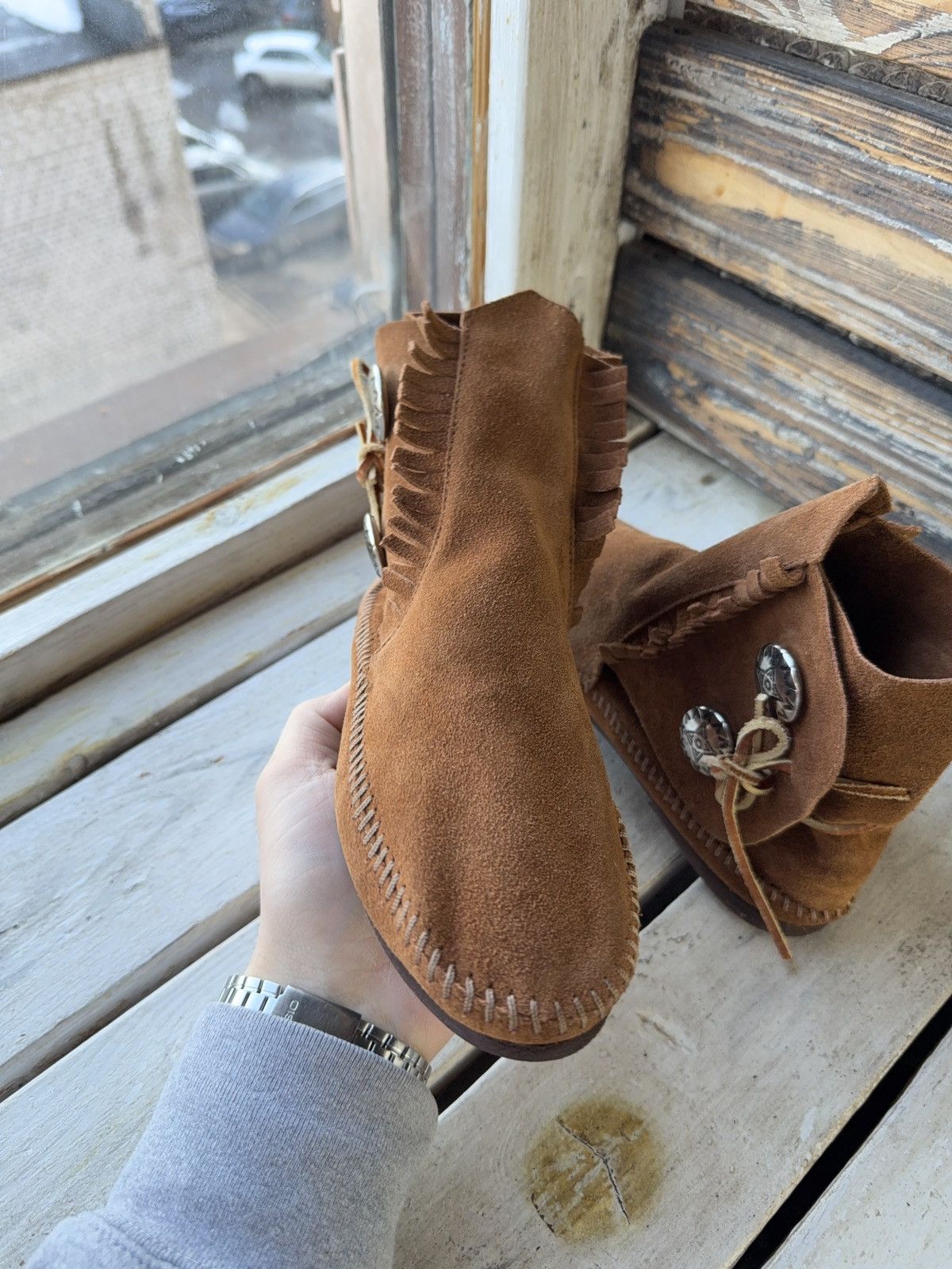 Vintage Vintage 00s Western USA Made Suede Fringe Moccasin Boots Size US 7 / IT 37 - 2 Thumbnail