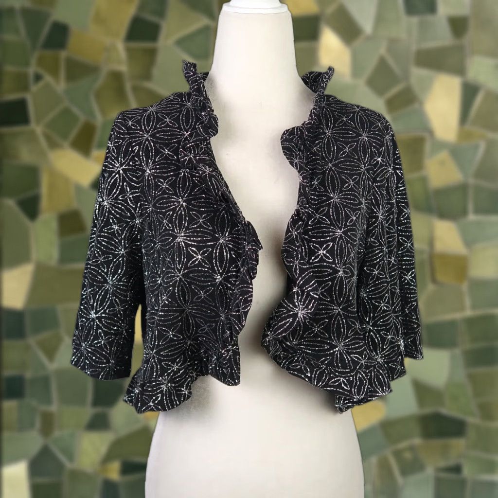 Vintage VINTAGE Glamour Jacket Bolero Shrug Short Black Silver Metallic Ruffle Trim Women S Size S Party/Cocktail Size S / US 4 / IT 40 - 1 Thumbnail