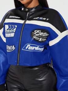 Other Women Blue Racing Style Cowhide Leather Jacket 🔵 Size S / US 4 / IT 40 - 5 Thumbnail