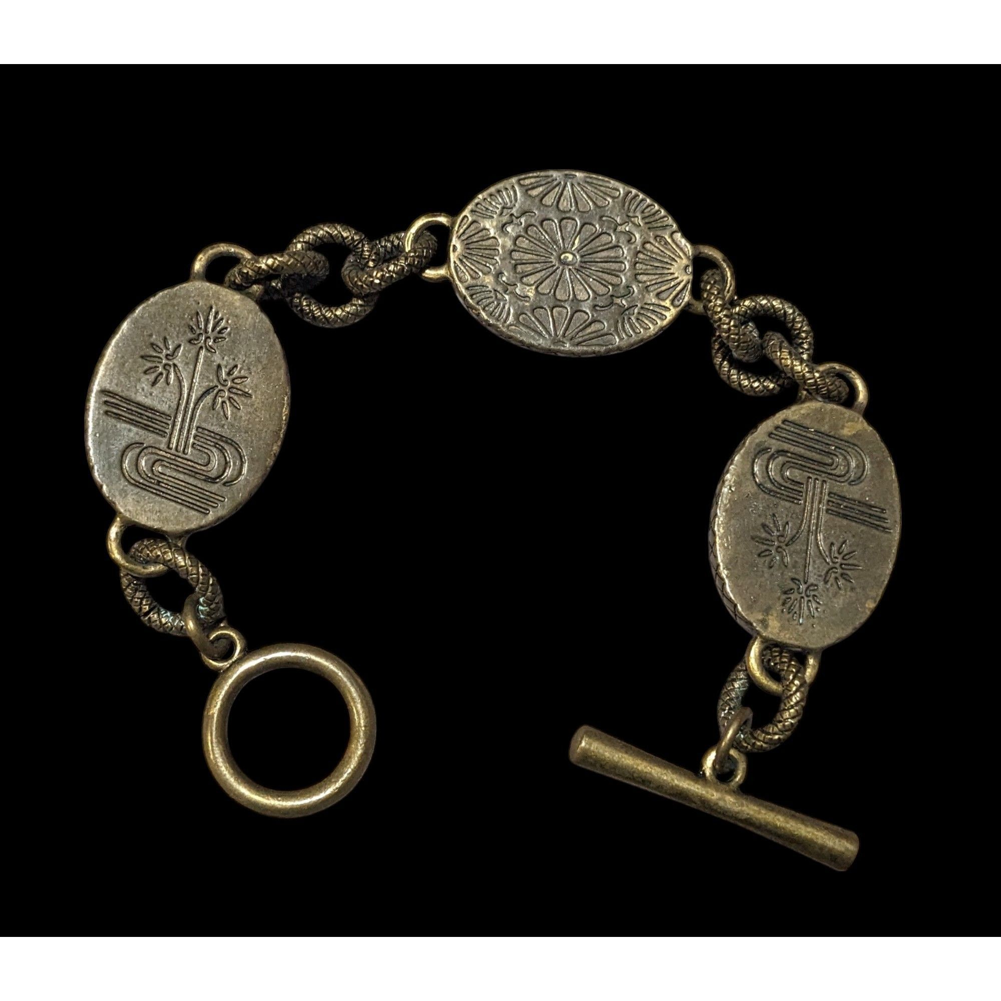 Other Vintage Antiqued Gold Tone Floral Etched Cabochon Bracelet Size ONE SIZE - 2 Thumbnail
