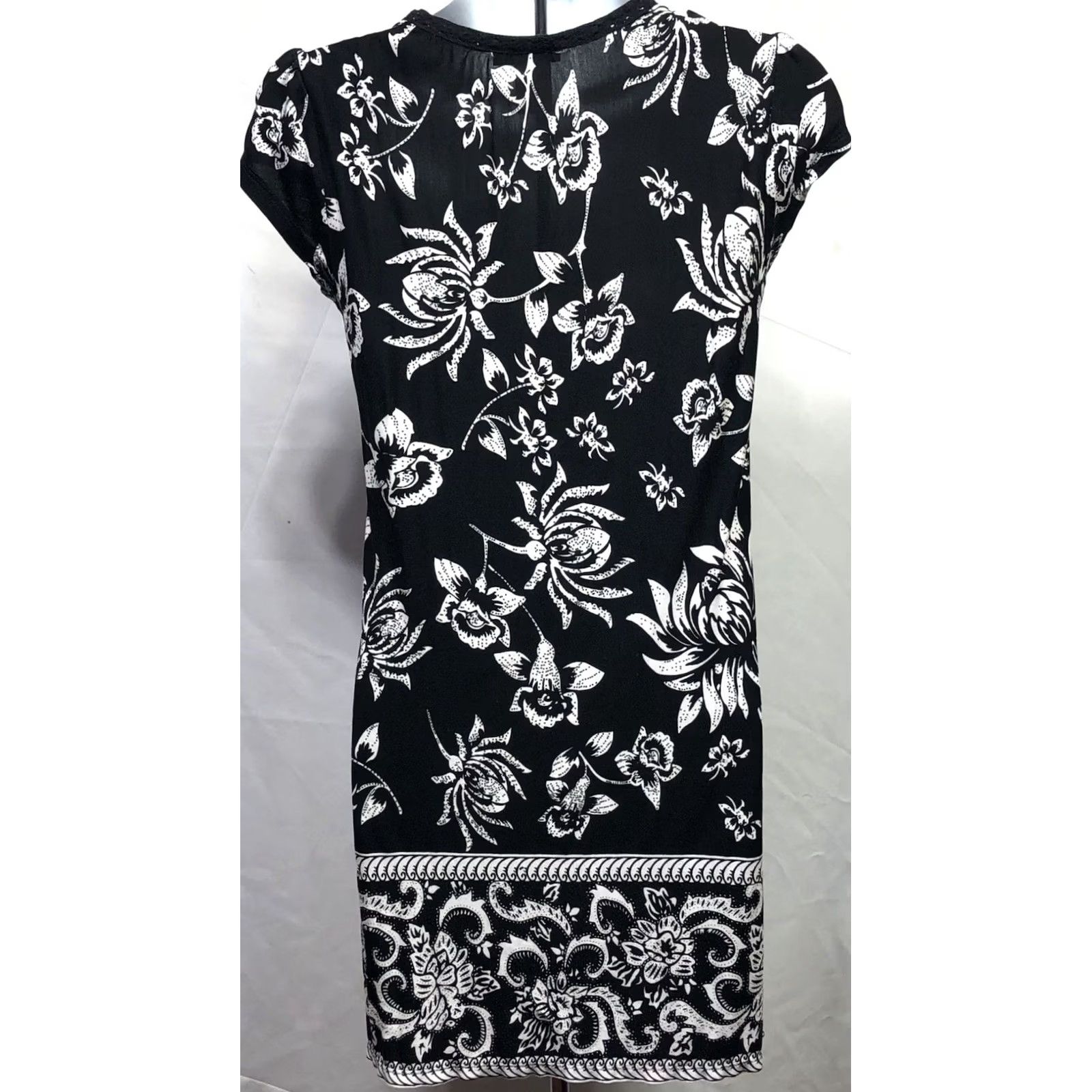 Vintage Mark Floral Short Sleeve Mini Dress S Black White Boho Cottage 90s Bohemian A-Line Womens Size S / US 4 / IT 40 - 4 Thumbnail