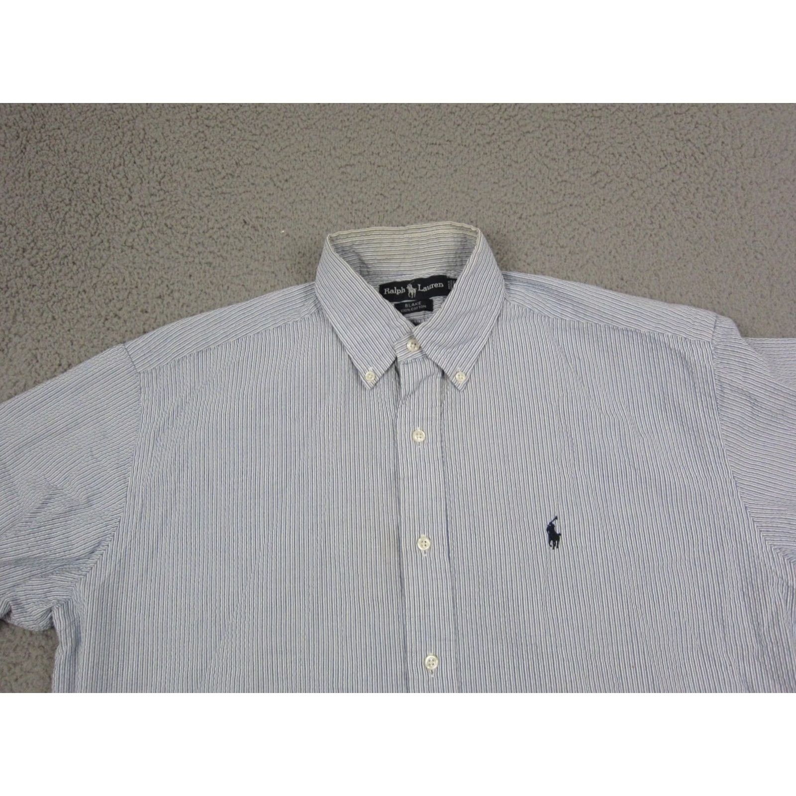 Ralph Lauren Ralph Lauren Shirt Adult M Blue Striped Cotton Polo Button-Up, Short Sleeve, Logo, Classic Fit, Vintage Mens Rugby Size US M / EU 48-50 / 2 - 2 Thumbnail