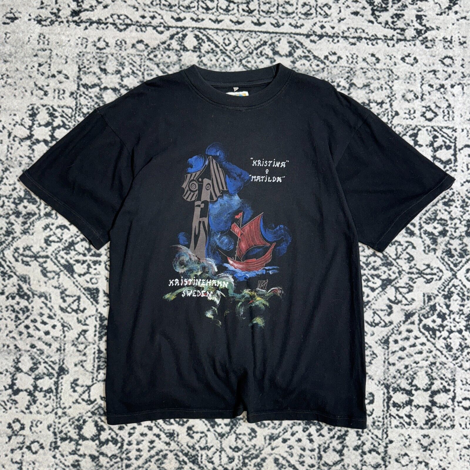 Vintage Black Cotton T-Shirt Size L Christina Matilda Art Sweden Size US L / EU 52-54 / 3 - 1 Thumbnail