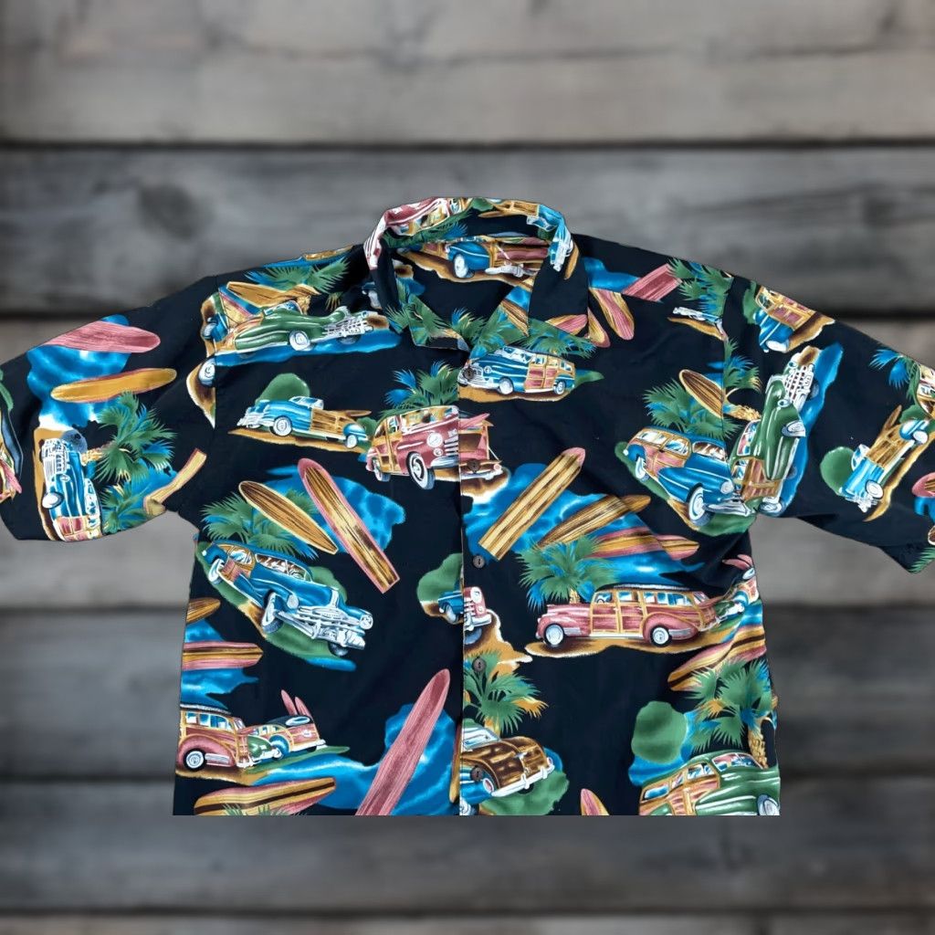 Vintage VTG Classic Car Hawaiian Shirt Adult Large Black Aloha Camp Collar Surf Retro Vintage Mens Shirt Hawaii Floral Short Sleeve Button-Up Size US L / EU 52-54 / 3 - 1 Thumbnail
