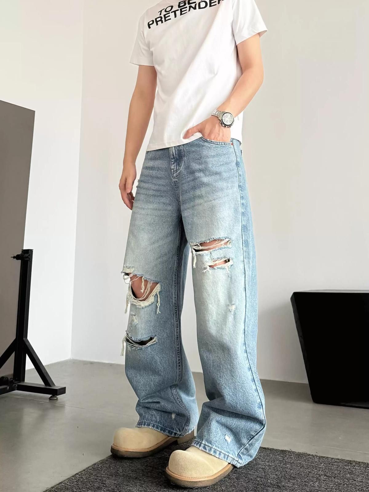 Jean Loose Distressed Ripped Wide Leg Jeans Size US 28 / EU 44 - 3 Thumbnail