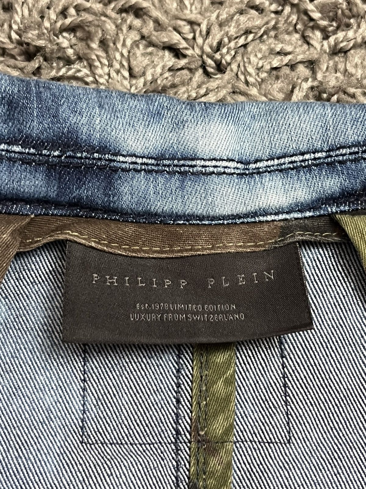 Philipp Plein Philipp Plein Distressed Denim Blazer with Camo Details Size 44S - 9 Thumbnail