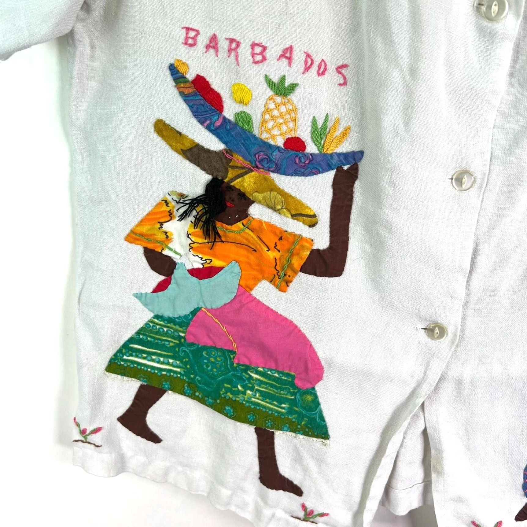 Vintage VINTAGE Handmade Barbados White Linen Embroidered Short Sleeve Button-Up Shirt Size L Relaxed Fit Island Life Womens Size 36" / US 14 / IT 50 - 3 Thumbnail