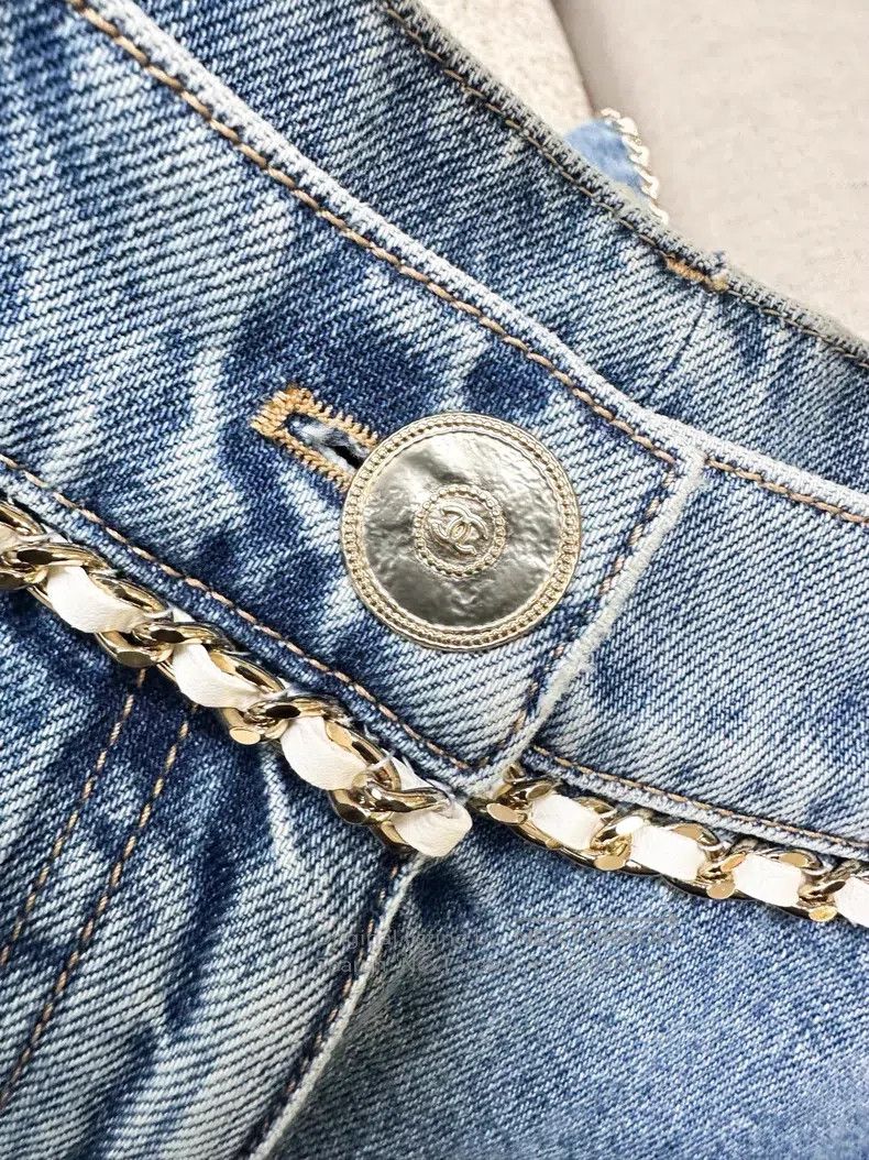 Chanel Chanel Blue denim denim with white leather chain jeans Size 38" / US 16 / IT 52 - 4 Thumbnail